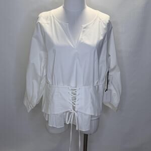 1. STATE Blouse Womens XL White Lace Up Corset Waist V Neck Peplum Top